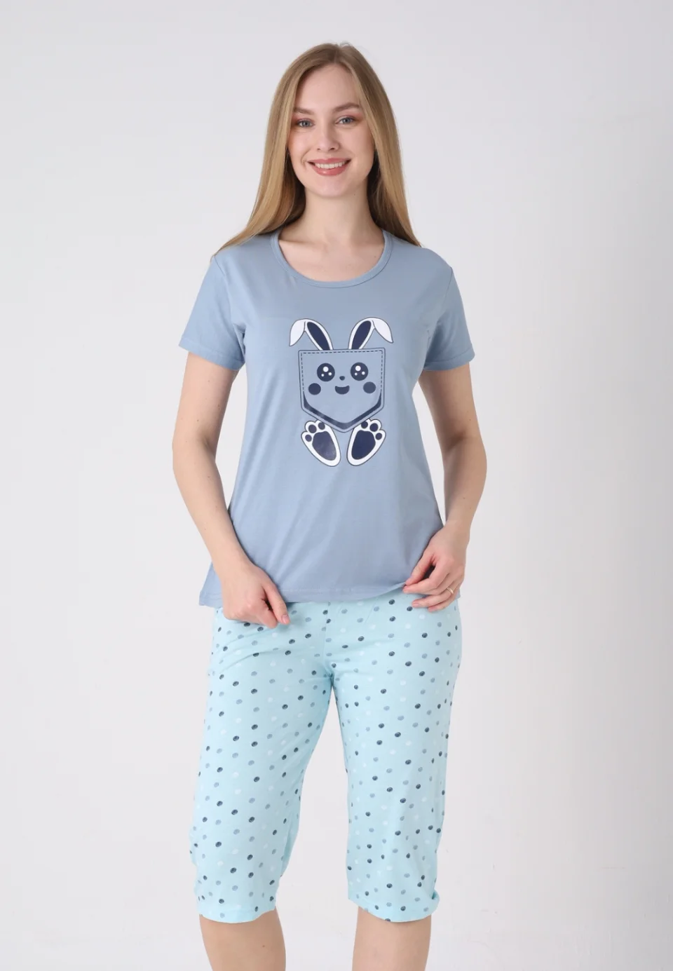 Pijama damă cu model de Paște, gri – tricou bumbac și pantaloni 3/4
