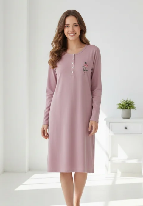 Rochie de casă mov cu imprimeu trandafir, mânecă lungă, bumbac