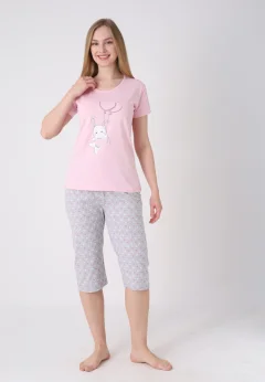 Pijama damă cu model de Paște, roz deschis – tricou bumbac și pantaloni 3/4