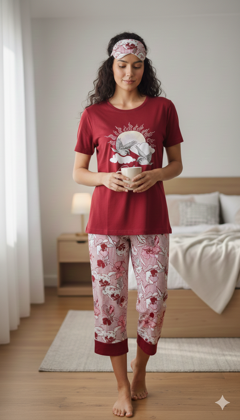 Pijama dama din bumbac -2 piese, maneca scurta si pantaloni lungi, masca de cadou asortata, visiniu