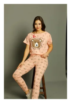 Pijama dama din bumbac Serena cu imprimeu ursulet, maneca scurta si pantaloni lungi