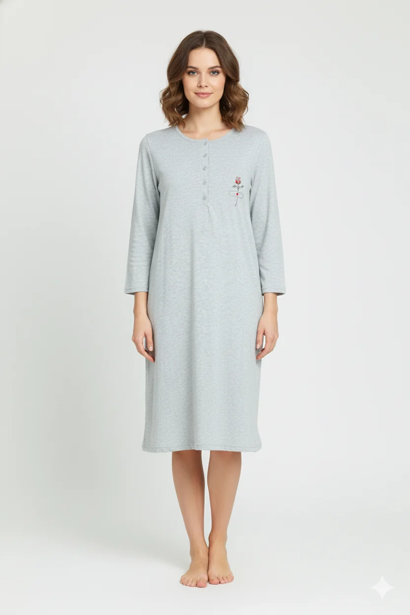 Rochie de casă gri cu imprimeu trandafir, mânecă lungă, bumbac