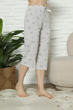 Pantaloni pijama damă 3/4, gri, imprimeu fundite