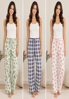 Set 3 / pantaloni de pijama cu imprimeuri florale și carouri