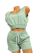 Compleu damă casual – set top scurt și pantaloni scurți, culoare verde deschis
