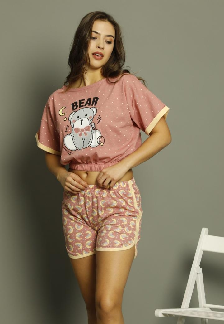 Pijama damă, cu mânecă scurtă și pantaloni scurti din bumbac, imprimeu Bear