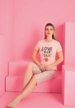 Pijama damă bumbac – tricou și pantaloni 3/4, imprimeu LOVE YOURSELF roz
