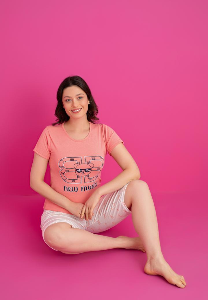 Pijama damă bumbac – tricou și pantaloni 3/4, imprimeu NEW MODA