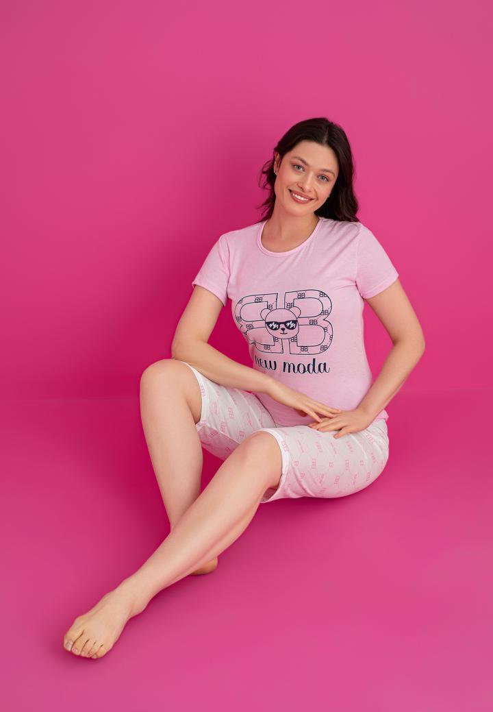 Pijama damă bumbac – tricou și pantaloni 3/4, imprimeu NEW MODA roz