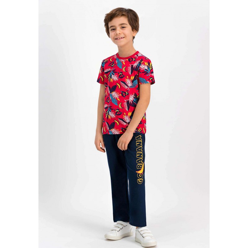 Pijama copii cu tricou și pantaloni lungi, imprimeu banane, rosu