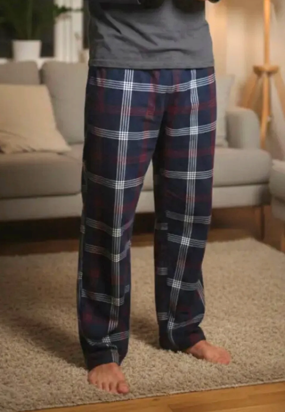 Pantaloni pijama bărbați bleumarin cu carouri albe și roșii, croială lejeră