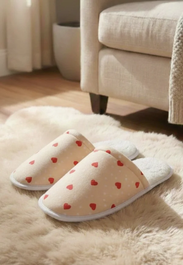 Papuci de casă damă cu puf, crem, cu imprimeu inimioare – comozi și călduroși