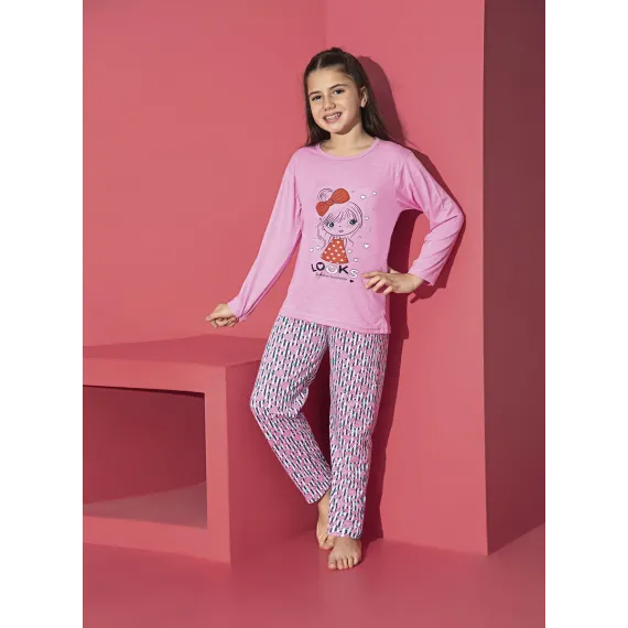 Pijama Fete, Mânecă Lungă, Imprimeu Looks, roz-deschis