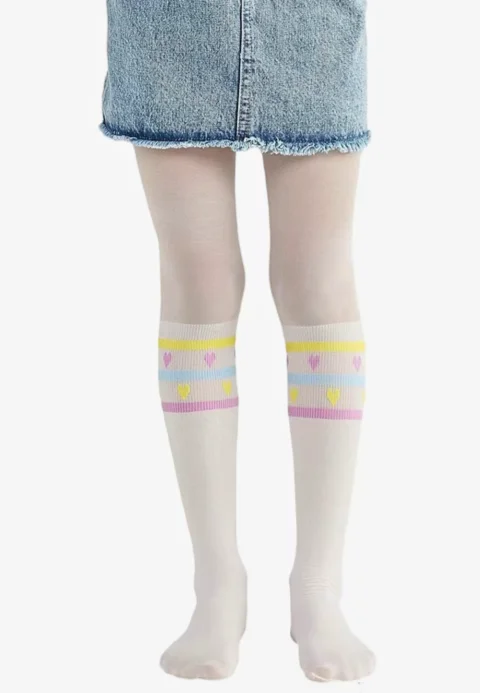 Dres fetițe Penti Young ,,Mini Hearts Line'' 30 DEN, imprimeu dungi colorate, alb