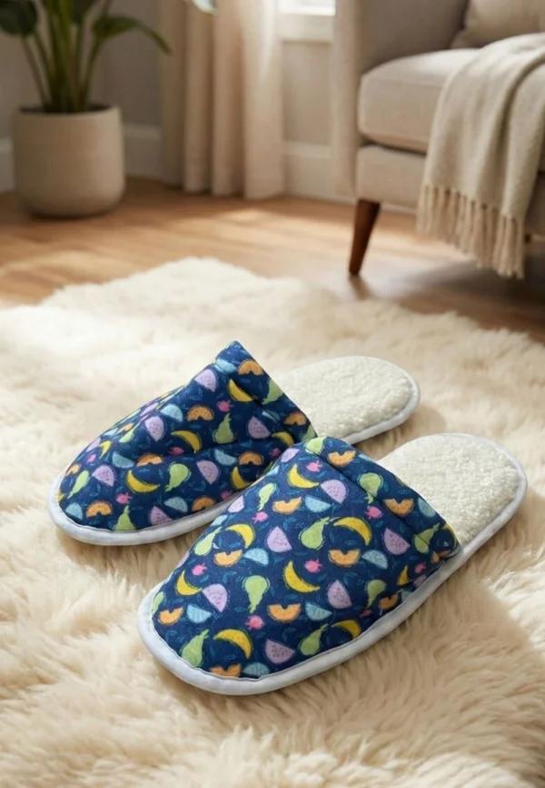 Papuci damă bleumarin cu fructe și puf