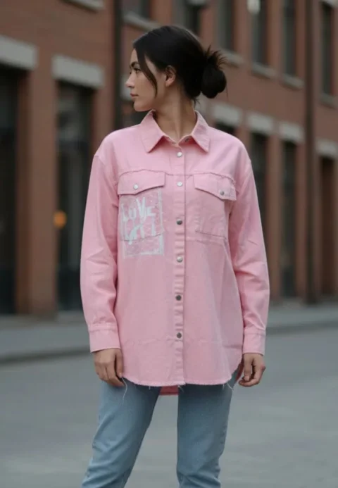 Cămașă denim damă roz cu capse și imprimeu „Love Insensitize”