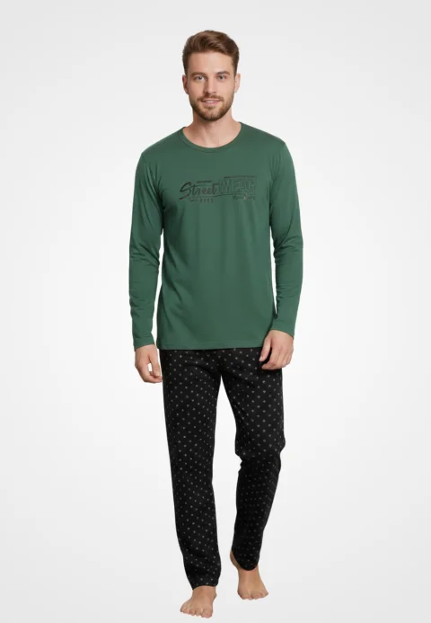 Pijama bărbați din bumbac, mânecă lungă și pantaloni lungi, imprimeu Street Wear