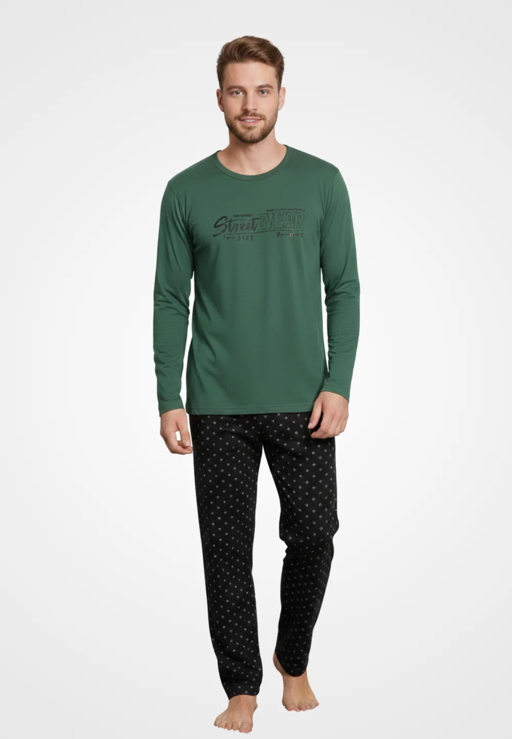 Pijama bărbați din bumbac, mânecă lungă și pantaloni lungi, imprimeu Street Wear