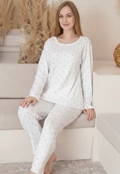Pijamale damă albe cu inimioare albastre și fundiță la decolteu
