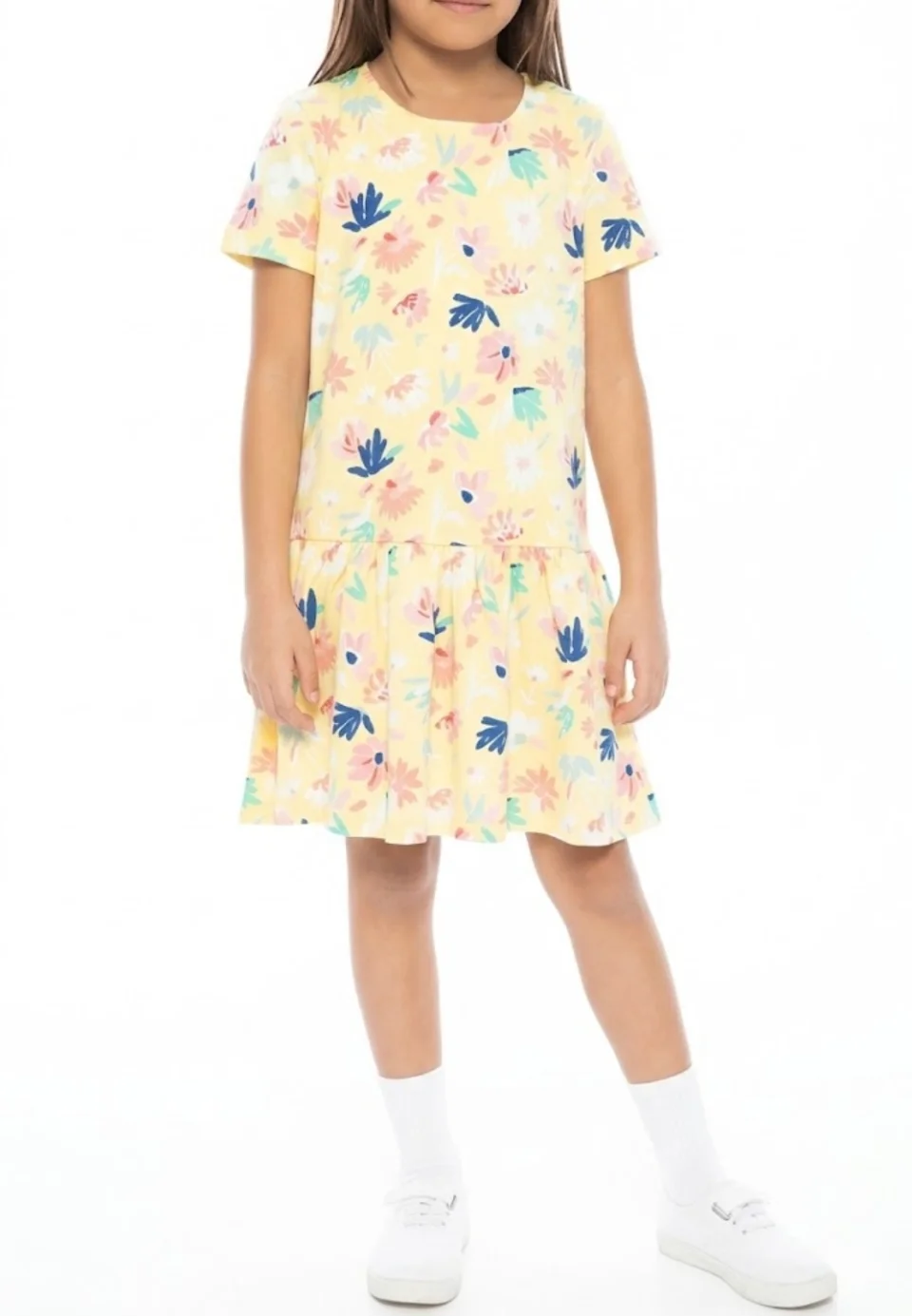 Rochie fetiță galbenă cu flori și volănașe