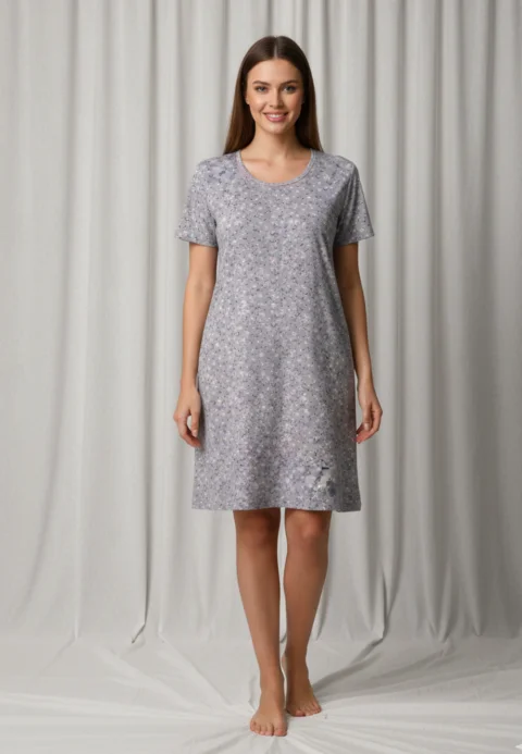 Cămașă de noapte gri cu imprimeu flori