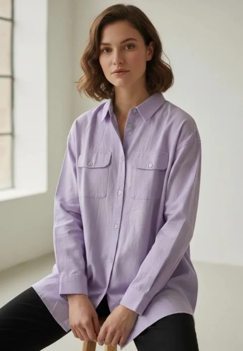 Cămașă denim damă lila cu capse și buzunare