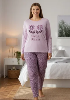 Pijama damă mov deschis cu imprimeu flori „Sweet Dreams”