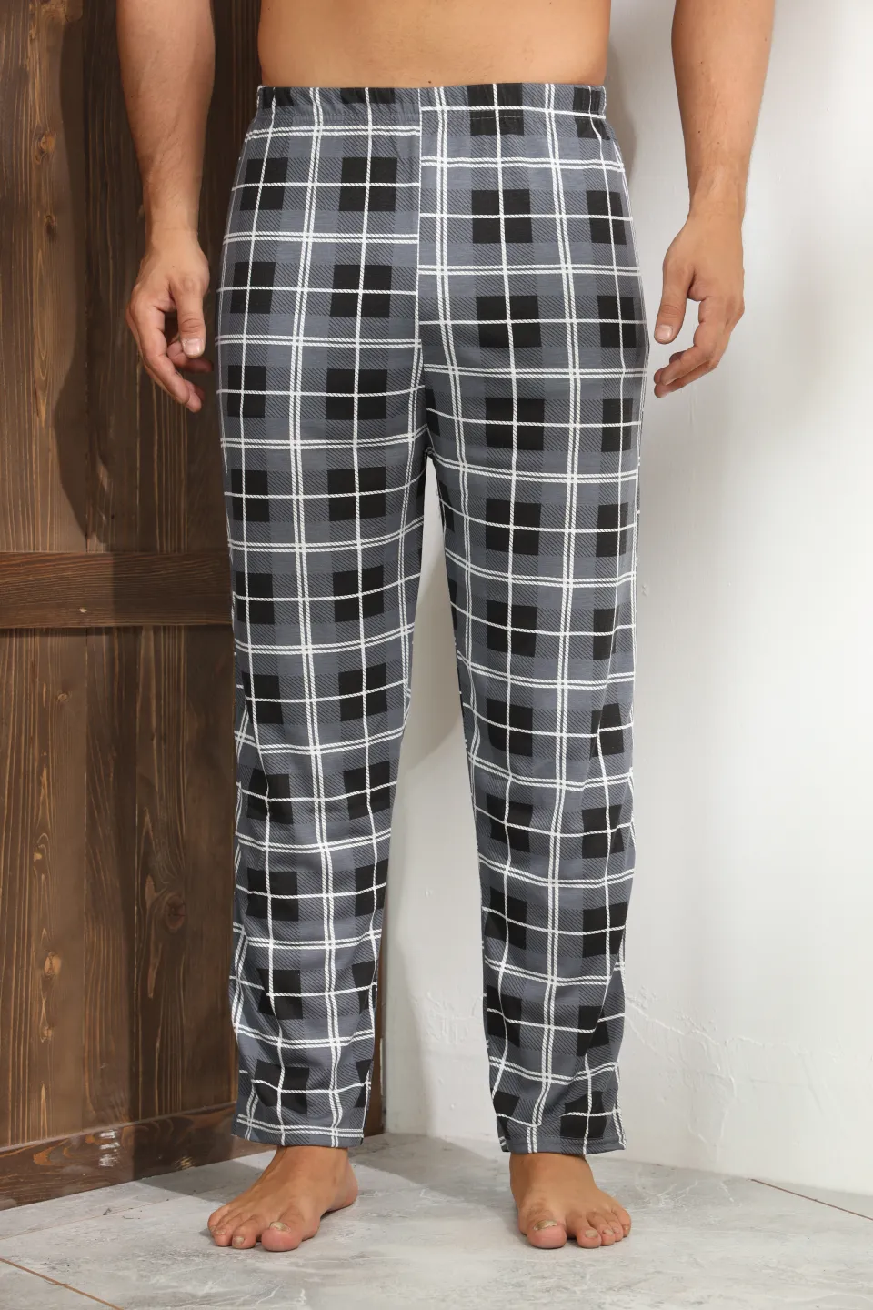 Pantaloni pijama bărbați gri în carouri, croială lejeră-big size