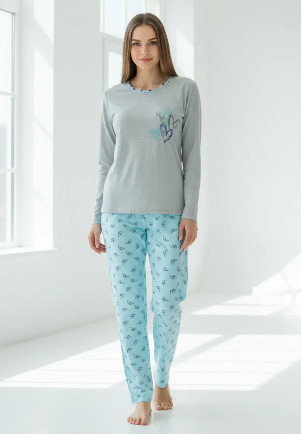 Pijama damă din bumbac mânecă lungă și pantaloni lungi