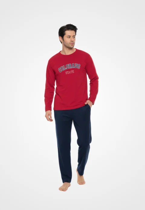 Pijama bărbați pentru sezonul rece roșu & bleumarin „COLORADO STATE” – material polar
