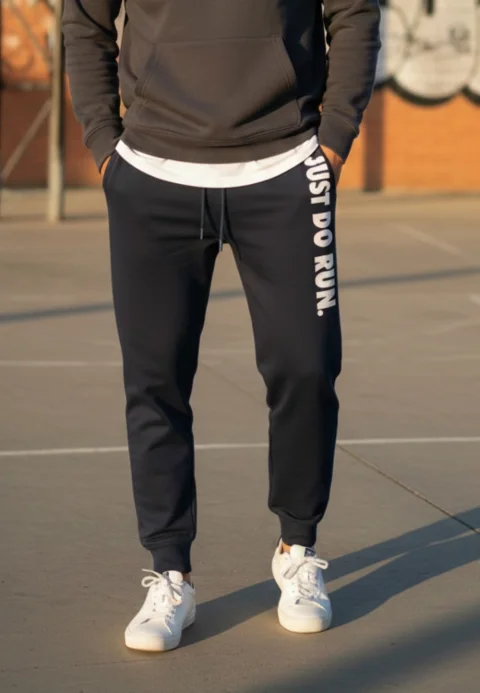 Pantaloni de trening bărbați bleumarin cu imprimeu „JUST DO RUN”