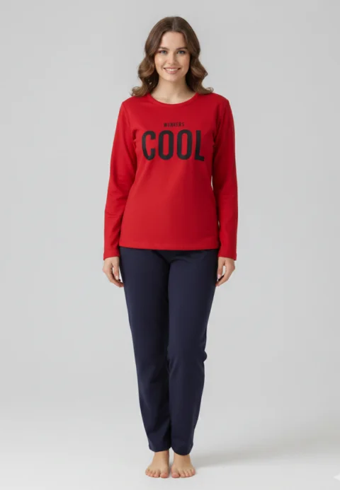 Pijama damă, cu mânecă lungă și pantaloni lungi din bumbac, imprimeu Cool