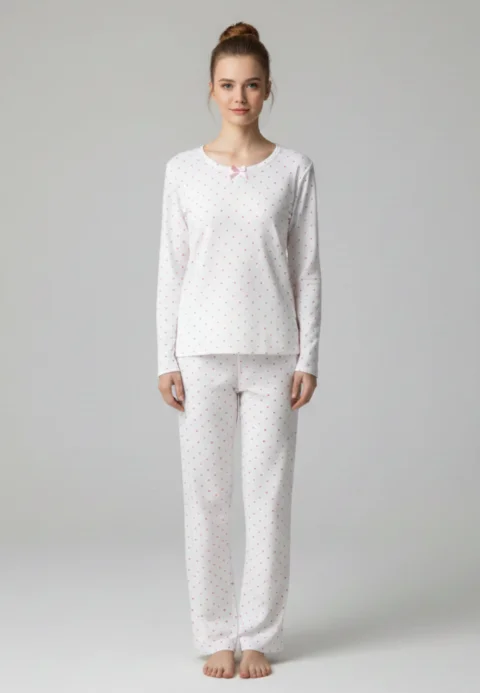 Pijama damă albă cu punctulețe roz, bluză cu mânecă lungă și fundiță