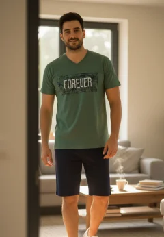 Pijama barbati din bumbac, bluza cu maneca scurta si pantaloni scurti, imprimeu ,,Forever", verde