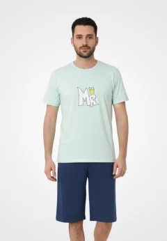 Pijama familie-bărbați, bumbac, mânecă scurtă și pantaloni 3/4 , culoare verde, imrpimeu MR