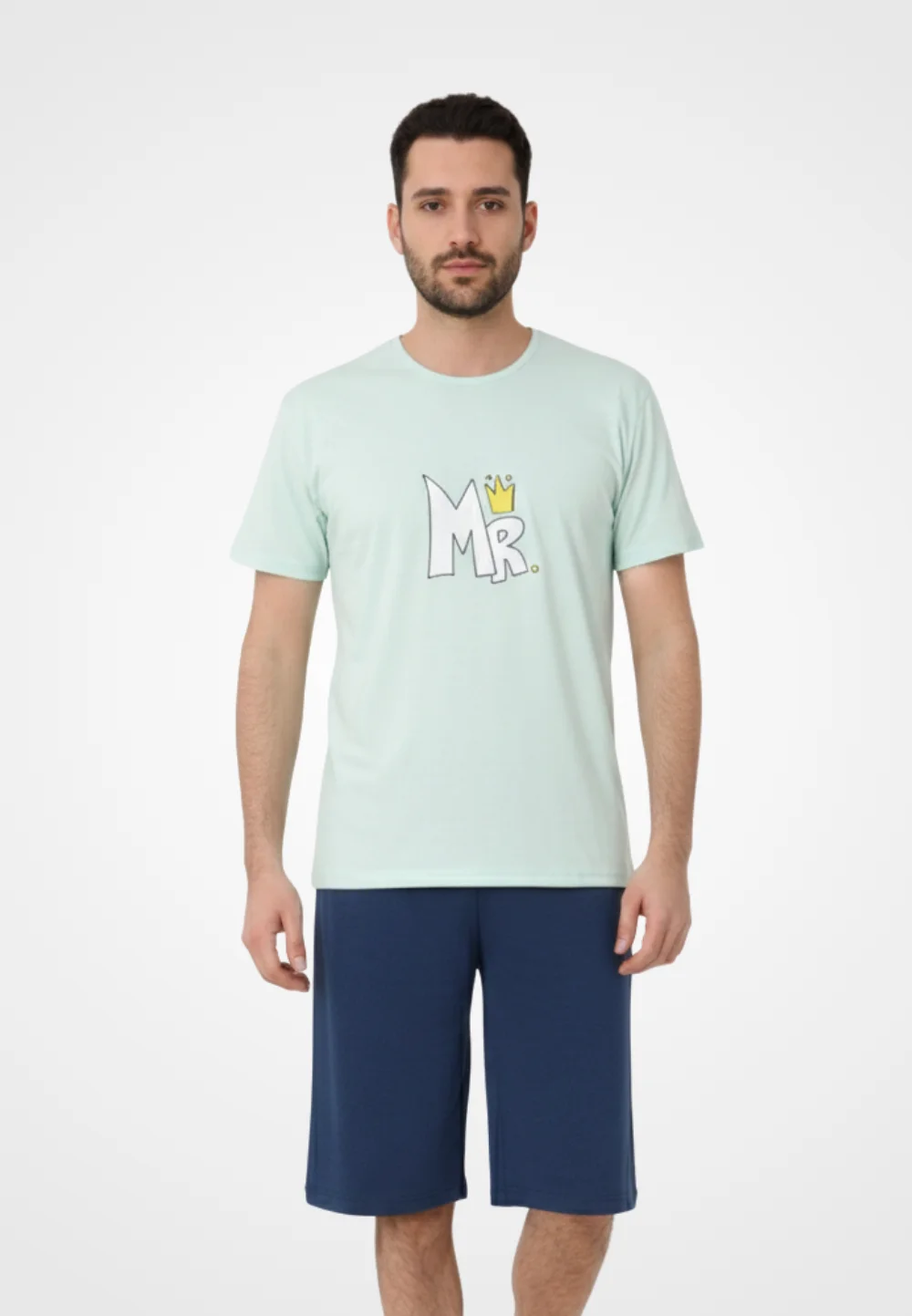 Pijama familie-bărbați, bumbac, mânecă scurtă și pantaloni 3/4 , culoare verde, imrpimeu MR