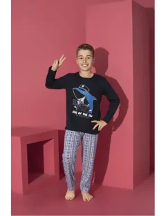 Pijama băieți cu mânecă lungă și pantaloni lungi, imprimeu King Of The Sea, bleumarin