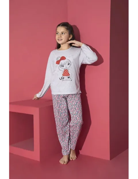 Pijama Fete, Mânecă Lungă, Imprimeu Looks, gri