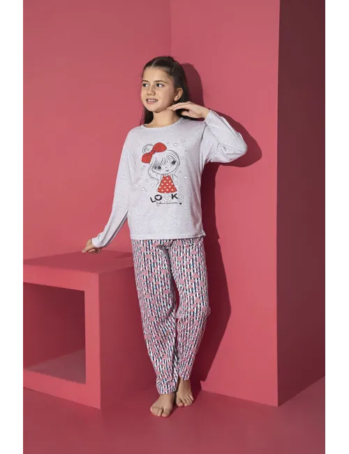Pijama Fete, Mânecă Lungă, Imprimeu Looks, gri