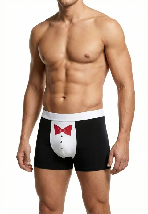 Boxeri bărbătești negri cu imprimeu costum și papion roșu