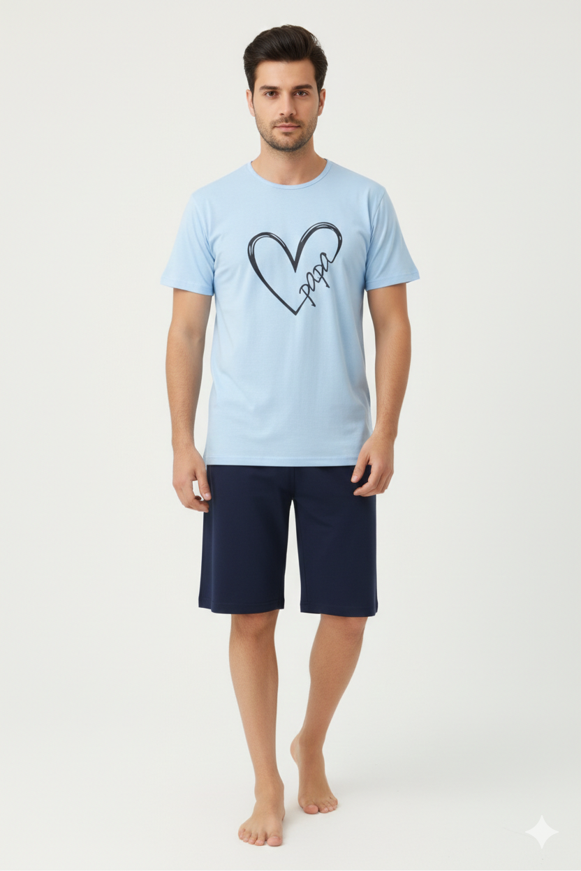 Pijama familie-bărbați, bumbac, mânecă scurtă și pantaloni 3/4 , culoare albastru