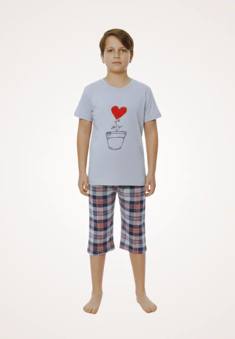 Pijama familie-copii, bumbac, mânecă scurtă și pantaloni 3/4, gri