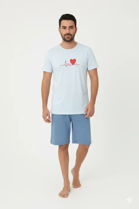 Pijama familie-bărbați, bumbac, mânecă scurtă și pantaloni 3/4 , culoare blue