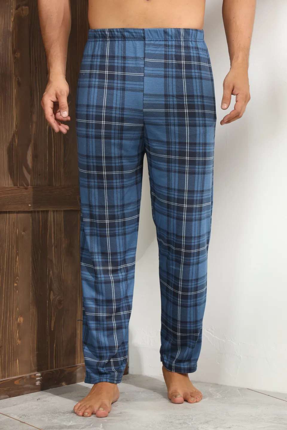 Pantaloni pijama bărbați navi cu carouri albe și linii negre – croială lejeră