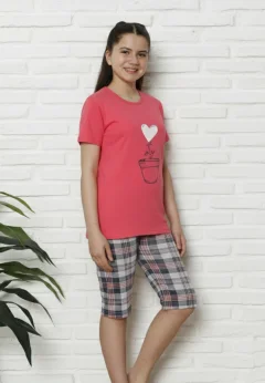 Pijama familie-copii, bumbac, mânecă scurtă și pantaloni 3/4, roz