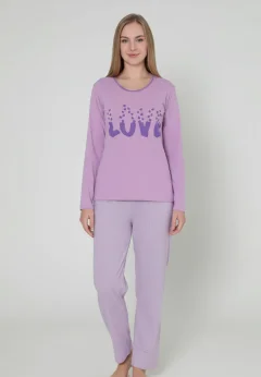 Pijama damă cu mânecă lungă și pantaloni lungi, imprimeu ,,Love'', culoare mov