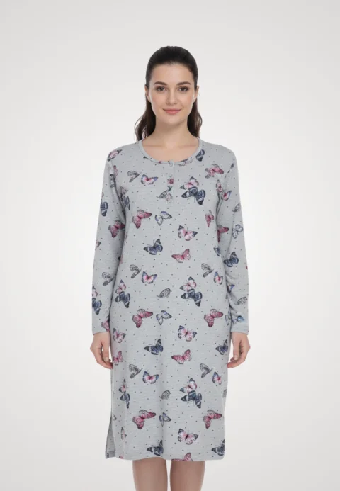 Cămașă de noapte gri cu fluturi