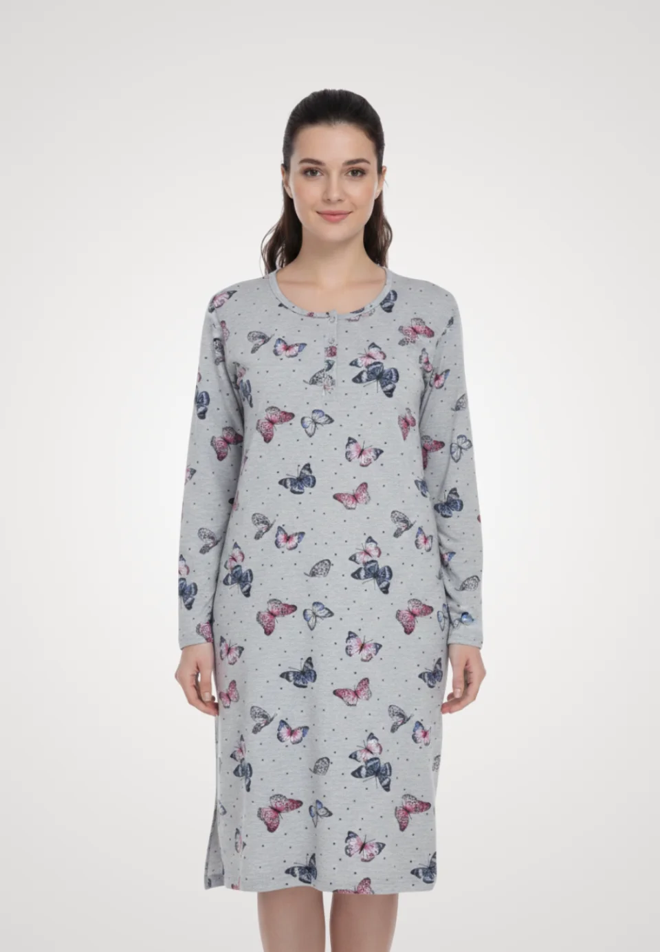 Cămașă de noapte gri cu fluturi