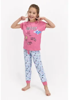 Pijama fetițe cu tricou și pantaloni lungi, imprimeu Collect, roz închis