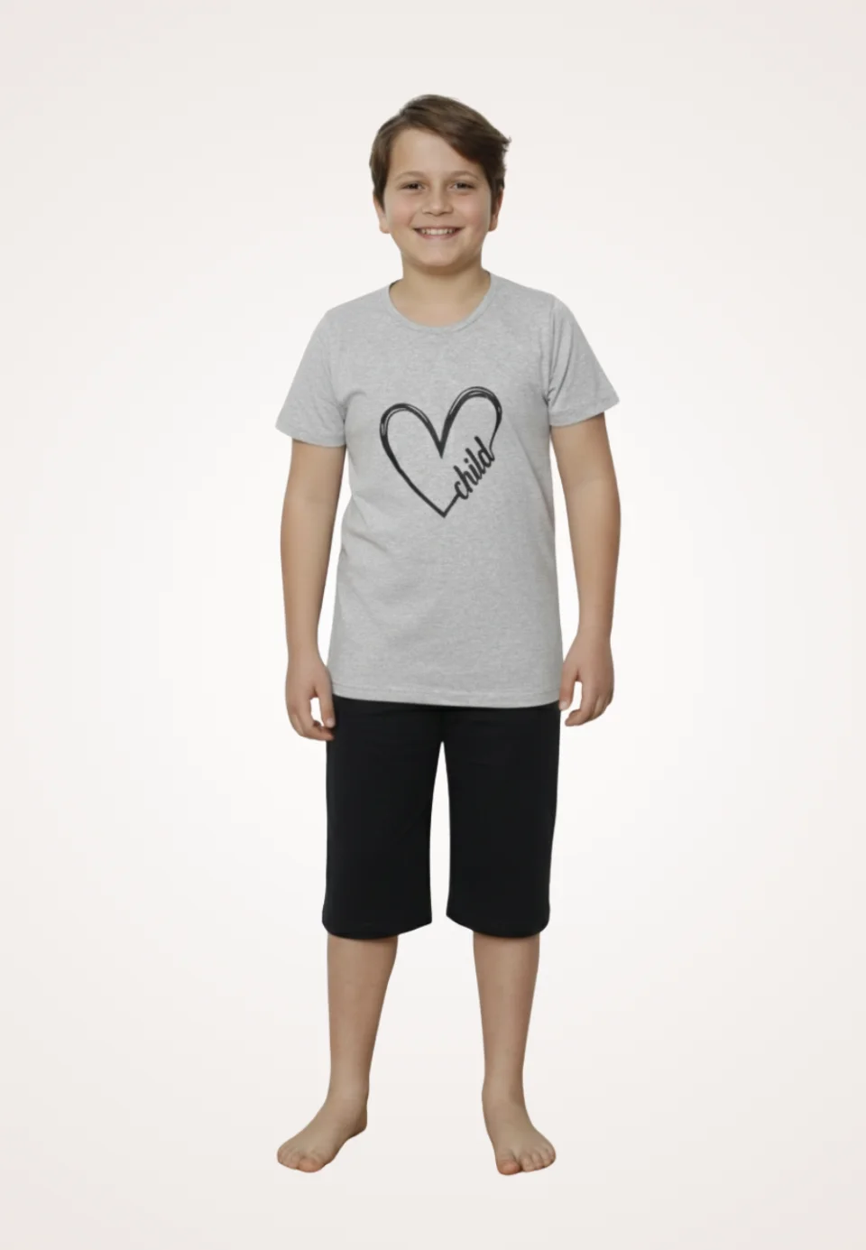 Pijama familie-copii, bumbac, mânecă scurtă și pantaloni 3/4, roz pudrat